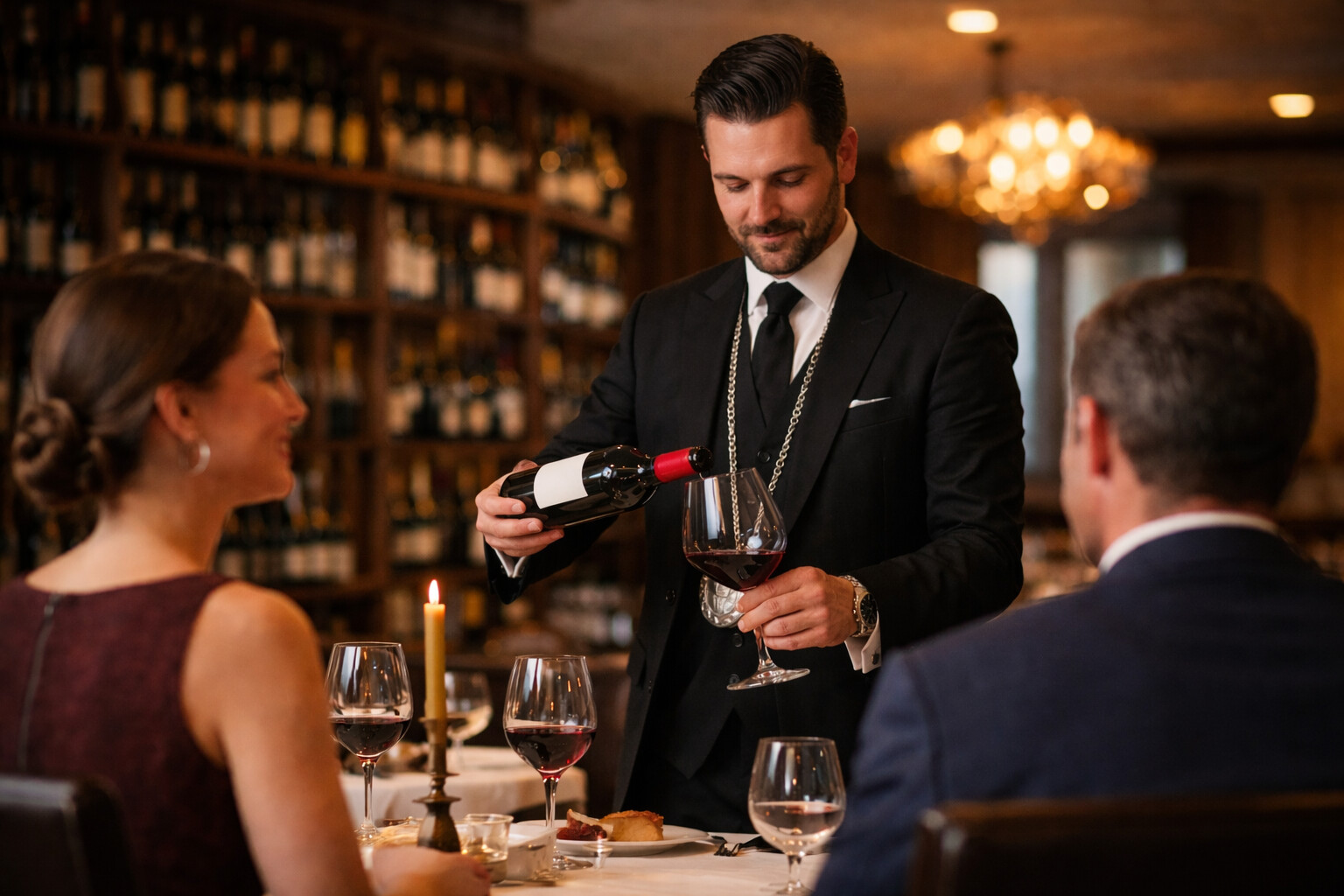 sommelier pouring wine for guests