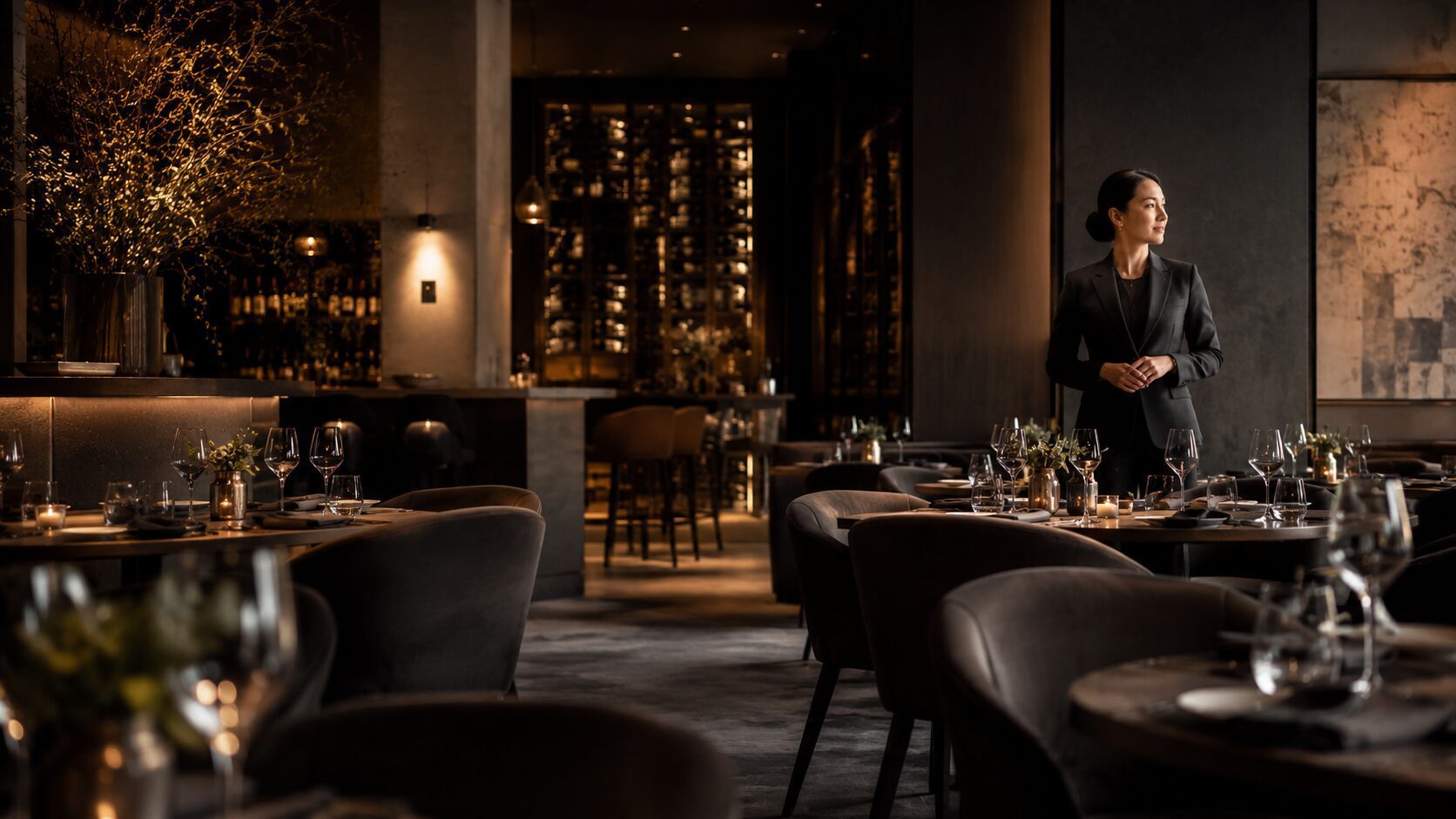 Elegant restaurant ambiance with serene atmosphere Elegant restaurant ambiance with serene atmosphere
